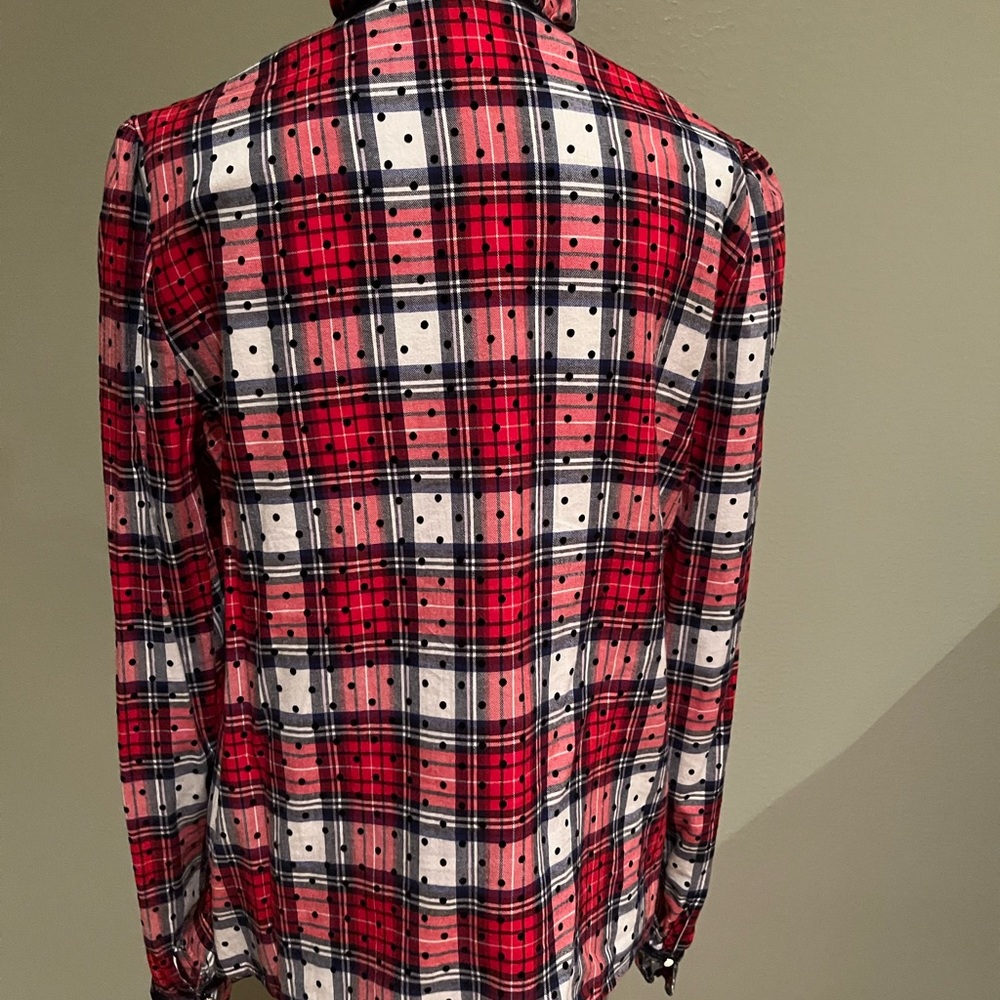 Court & Rowe Tie Ruffle Collar Flocked Dot Plaid Shirt - Picture 4 of 6